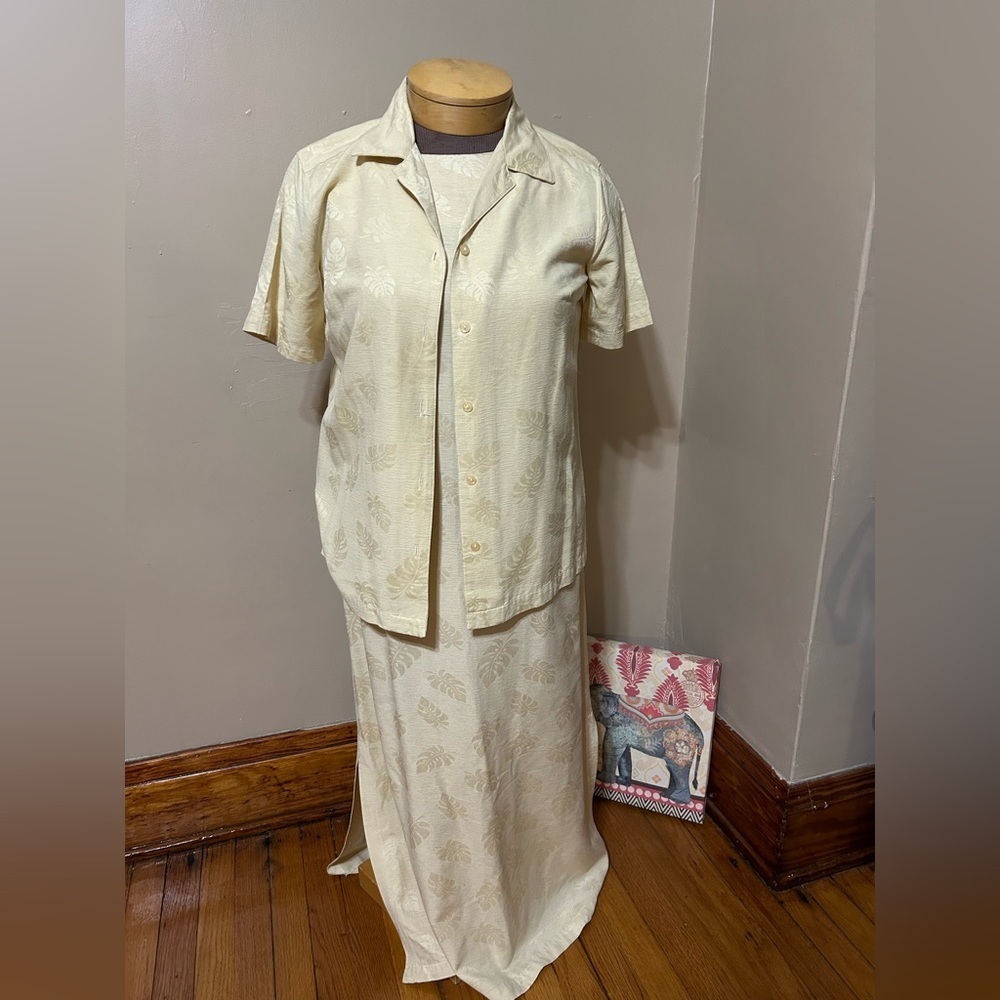 Vintage ALI MILES Button Front Shirt and Midi Dress Leaf Print Set Silk Size S‎